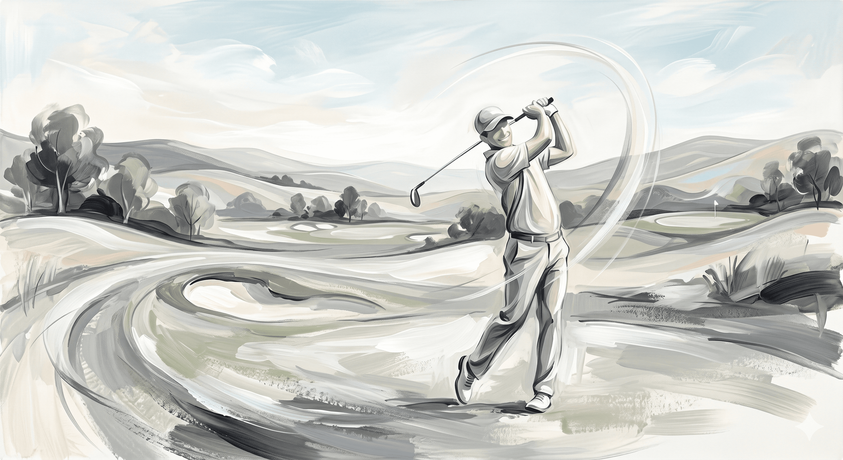 A relaxed golfer mid-swing on an open course at first light